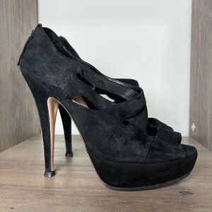 MIU MIU Black Suede Stiletto Open Toe Platform Pumps, Size 35 EU (5 US)